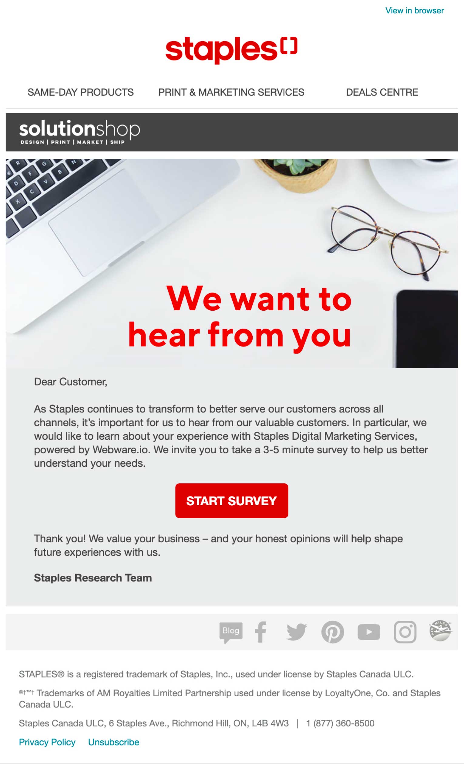 Staples Solutions Shop Survey Email<br>Tools: Photoshop, Klaviyo<br>Skills: Branding, design, email marketing